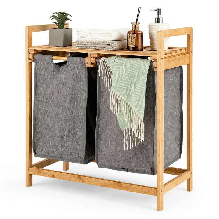 Bamboo Laundry Hamper with Dual Compartments Laundry Sorter and Sliding Bags-NaturalCostway Gallery View 3 of 11