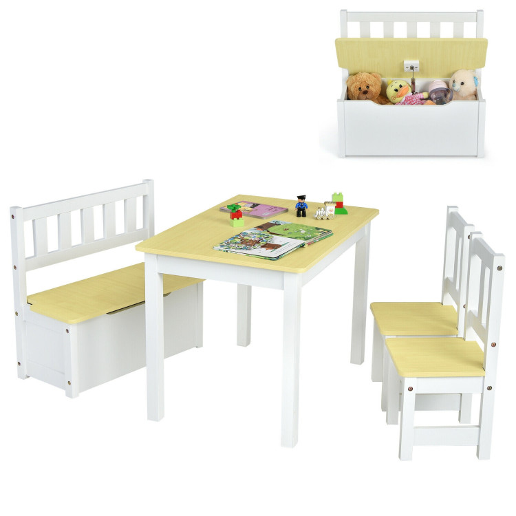 4 Pieces Kids Wooden Activity Table and Chairs Set with Storage Bench and Study Desk-NaturalCostway Gallery View 3 of 12