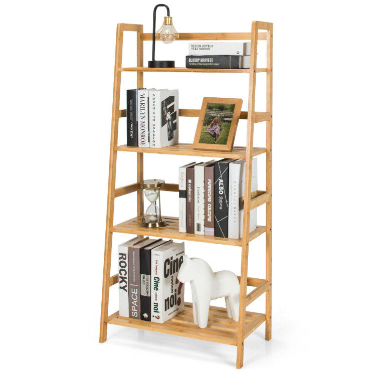 4-Tier Bamboo Bookshelf Ladder Shelf Plant Stand Rack-NaturalCostway Gallery View 4 of 12