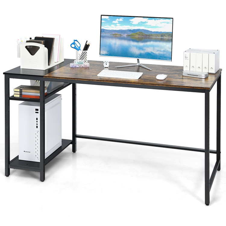55 Inch Reversible Computer Desk with Adjustable Storage Shelves-Rustic BrownCostway Gallery View 4 of 11