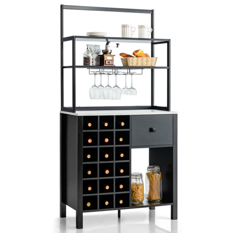 Kitchen Bakers Rack Freestanding Wine Rack Table with Glass Holder and Drawer-BlackCostway Gallery View 3 of 9