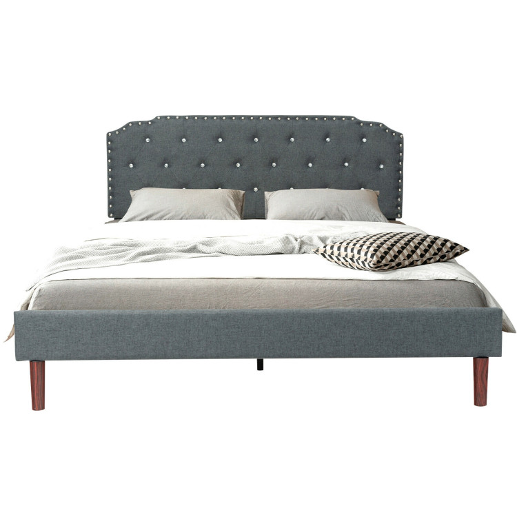 Upholstered Bed Frame with Adjustable Diamond Button Headboard-Queen Size - Gallery View 1 of 9