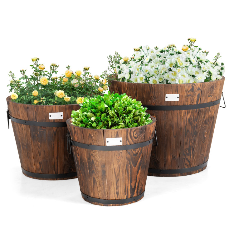 3 Pieces Wooden Planter Barrel Set with Multiple SizeCostway Gallery View 4 of 10