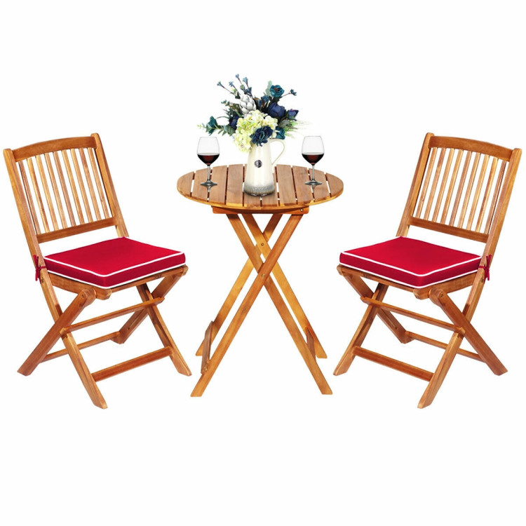 3 Pieces Patio Folding Bistro Set with Padded Cushion and Round Coffee Table-RedCostway Gallery View 8 of 12