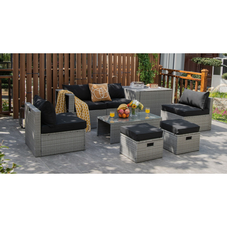8 Pieces Patio Rattan Furniture Set with Storage Waterproof Cover and Cushion-BlackCostway Gallery View 7 of 11