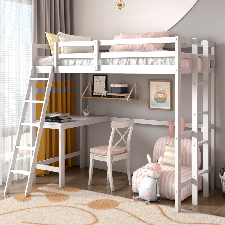Twin Size Loft Bed Frame with Desk Angled and Built-in Ladder-WhiteCostway Gallery View 1 of 12
