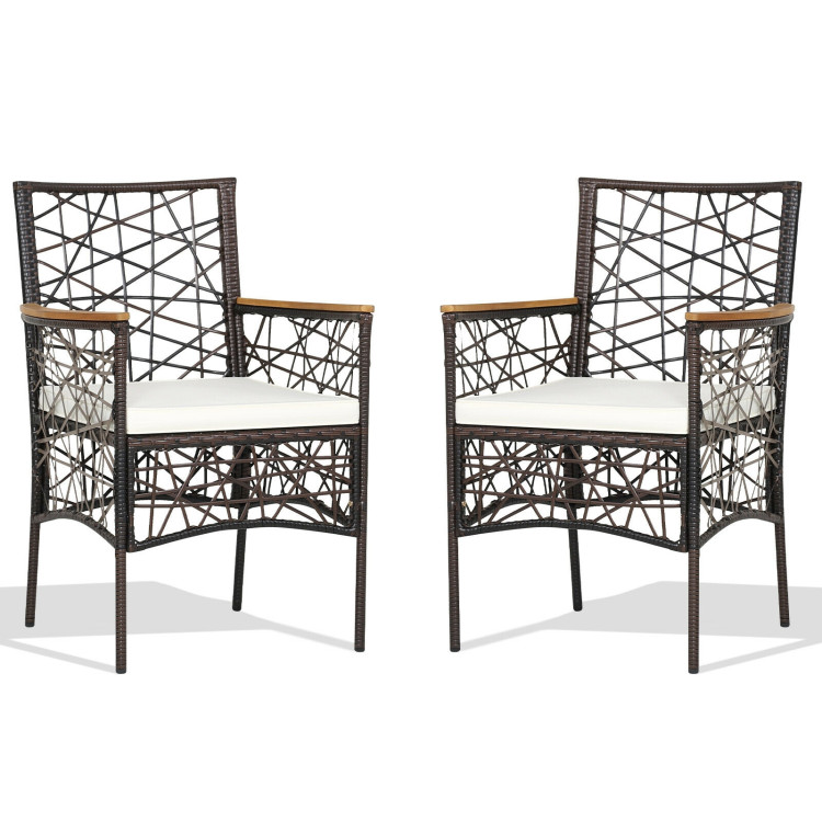 2 Pieces PE Wicker Patio Bistro Dining Chairs with Acacia Wood Armrests and CushionsCostway Gallery View 1 of 8
