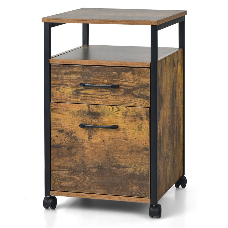 2 Drawer Mobile File Cabinet Printer Stand with Open Shelf for Letter Size-Rustic BrownCostway Gallery View 4 of 11