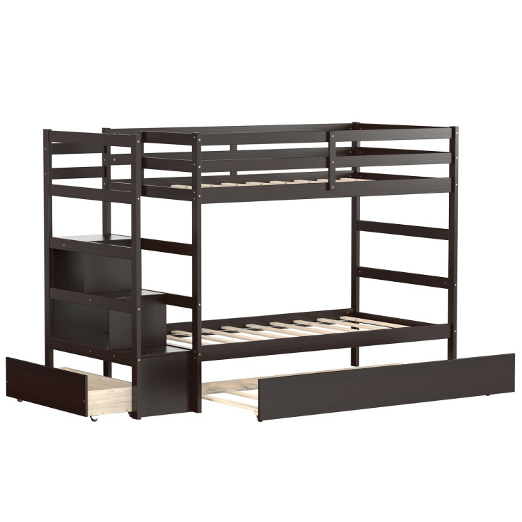 Twin Over Twin Bunk Bed with Storage Shelf and Drawer-Dark BrownCostway Gallery View 1 of 9