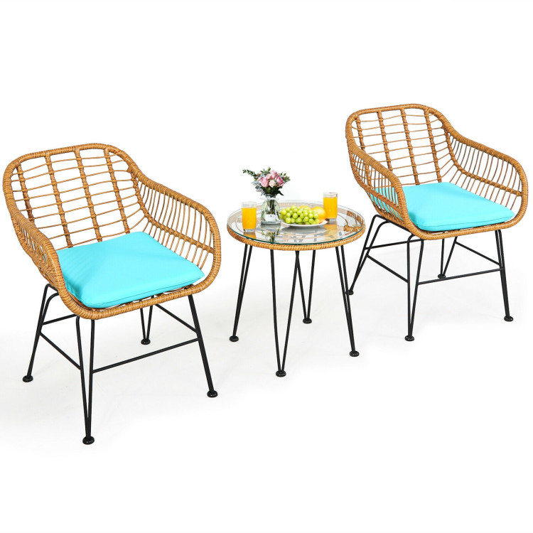 3 Pieces Rattan Furniture Set with Cushioned Chair Table-TurquoiseCostway Gallery View 8 of 11