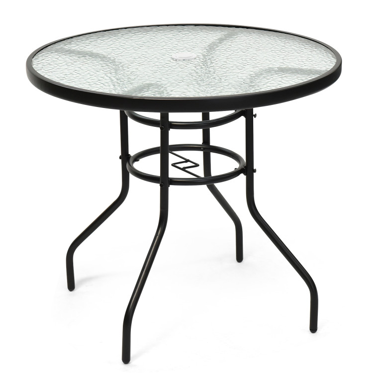 32 Inch Patio Tempered Glass Steel Frame Round Table with Convenient Umbrella HoleCostway Gallery View 1 of 9