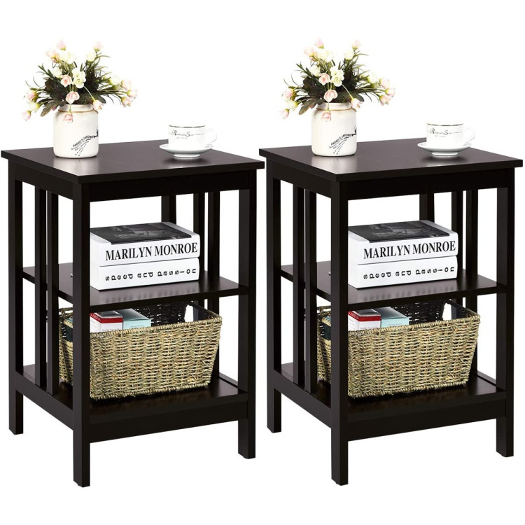 2 Pieces 3-Tier Nightstand with Reinforced Bars and Stable Structure-Dark BrownCostway Gallery View 4 of 9