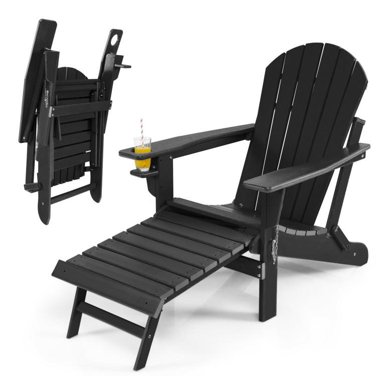 Patio All-Weather Folding Adirondack Chair with Pull-Out Ottoman-BlackCostway Gallery View 7 of 10