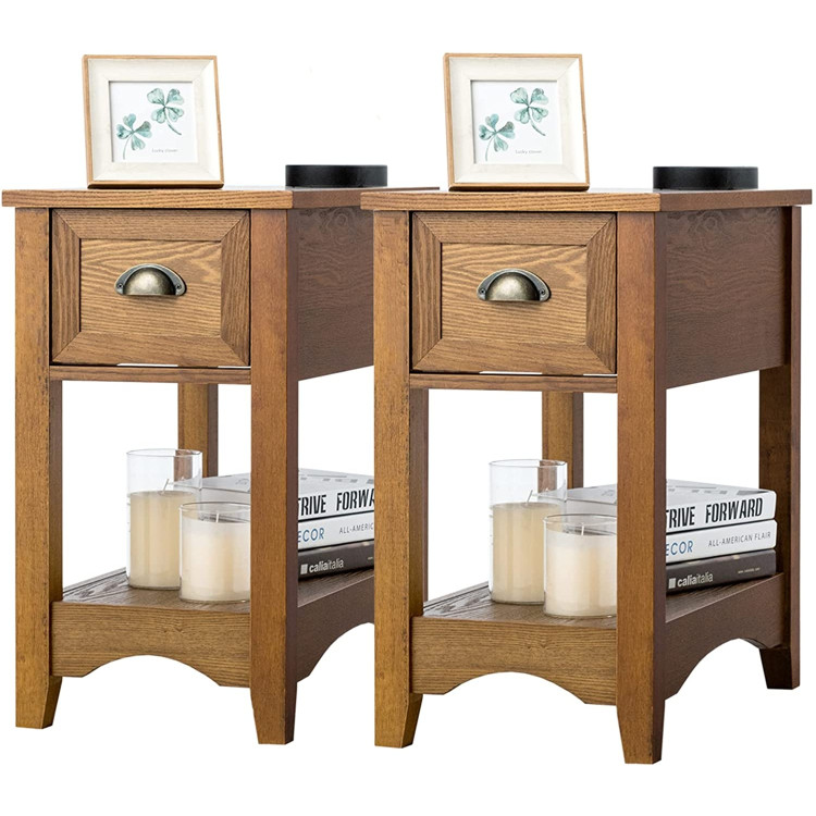 2 Pieces Retro Narrow Tiered End Table with Drawer and Storing Shelf - Gallery View 4 of 11