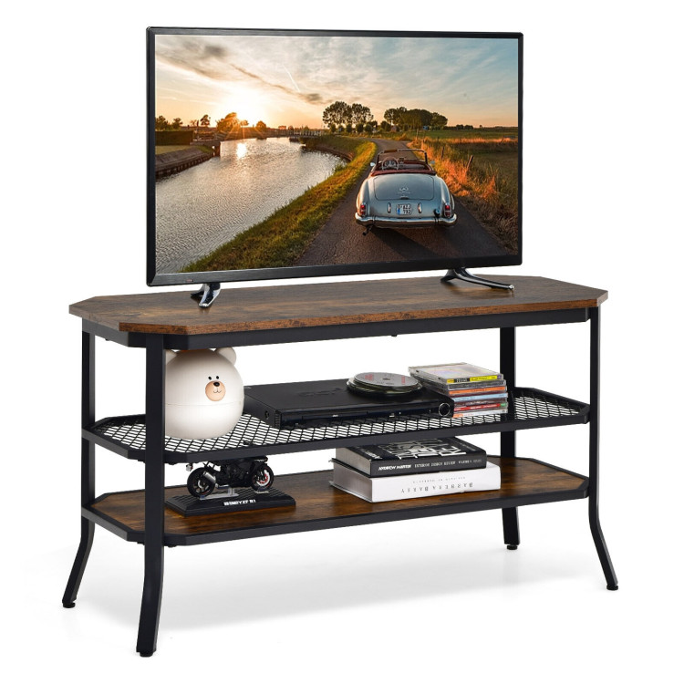 3-tier Console Table TV Stand with Mesh Storage Shelf-Rustic BrownCostway Gallery View 8 of 10