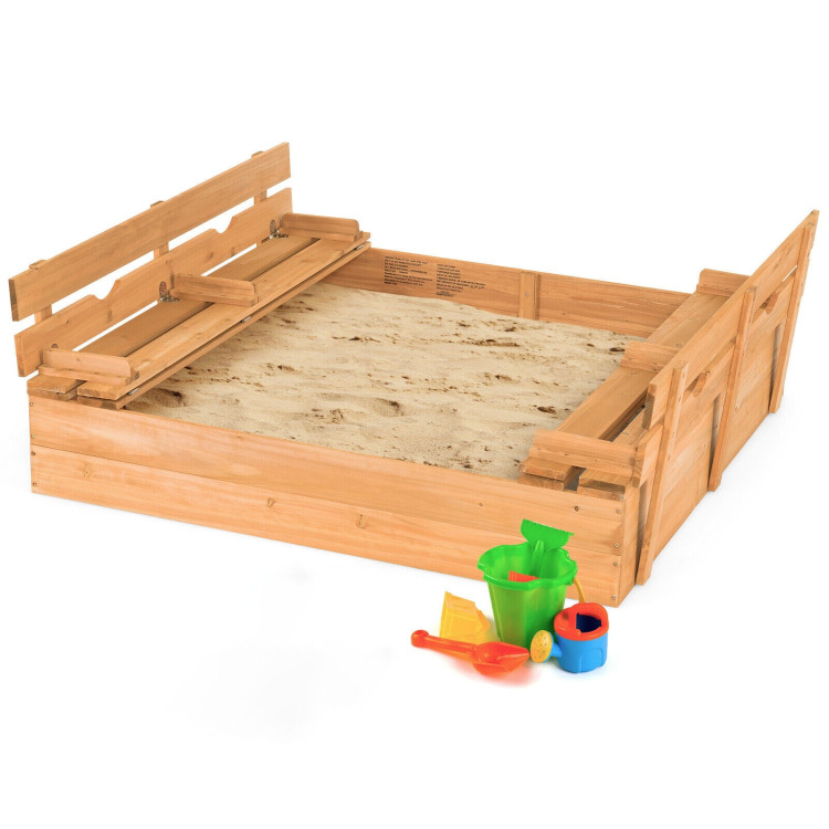 Kids Wooden Sandbox with 2 Foldable Bench SeatsCostway Gallery View 3 of 10