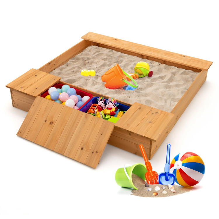 Kids Wooden Sandbox with Bench Seats and Storage BoxesCostway Gallery View 8 of 10