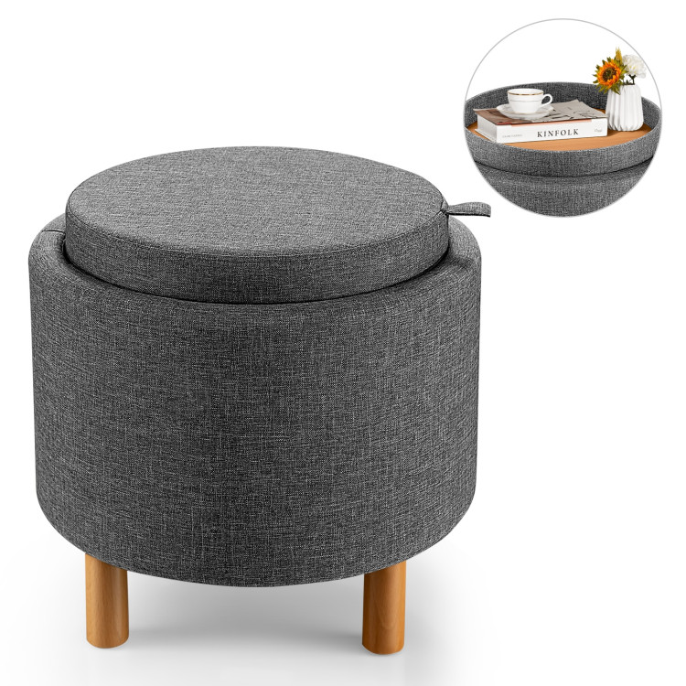 Round Fabric Storage Ottoman with Tray and Non-Slip Pads for Bedroom-GrayCostway Gallery View 7 of 9