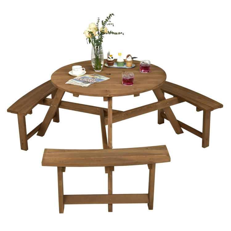 6-person Round Wooden Picnic Table with Umbrella Hole and 3 Built-in Benches-Dark BrownCostway Gallery View 8 of 10
