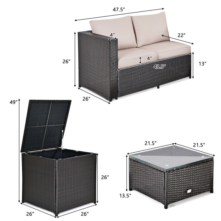 4 Pcs Outdoor Patio Rattan Furniture Set with Cushioned Loveseat and Storage Box-BrownCostway Gallery View 4 of 12