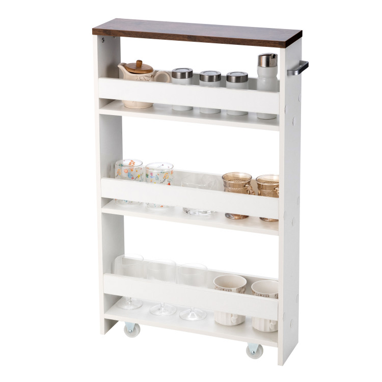 Rolling Kitchen Slim Storage Cart Mobile Shelving Organizer with Handle-WhiteCostway Gallery View 3 of 9