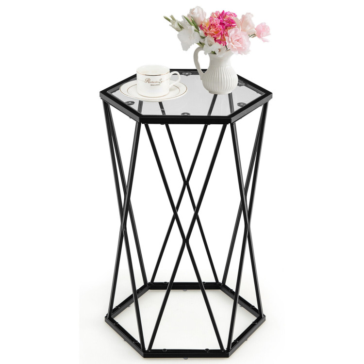 Hexagonal Accent End Table with Tempered Glass Top and Metal FrameCostway Gallery View 4 of 10