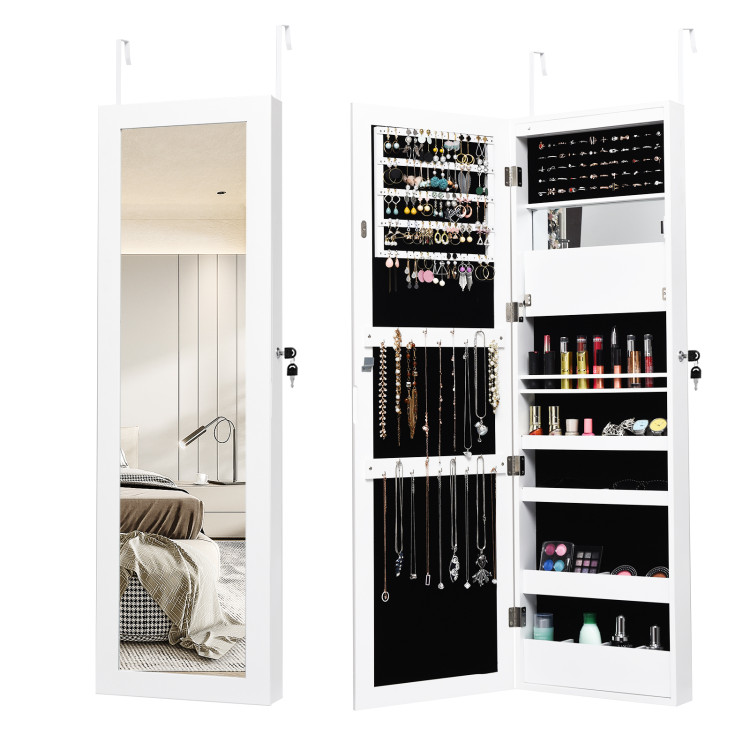 Lockable Wall Door Mounted Mirror Jewelry Cabinet w/LED Lights-WhiteCostway Gallery View 3 of 9
