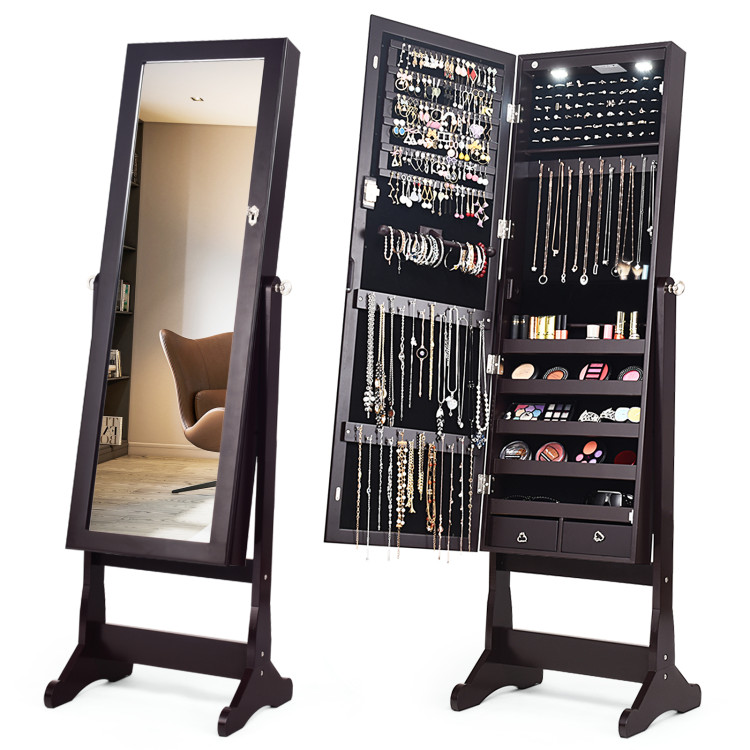 Lockable Mirrored Jewelry Cabinet with Stand and Led Lights-BrownCostway Gallery View 1 of 10