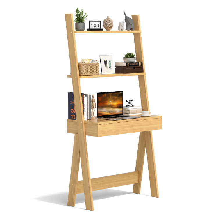 Ladder Shelf Desk Bookcase with Countertop, Drawer and 2 Shelves-NaturalCostway Gallery View 9 of 10
