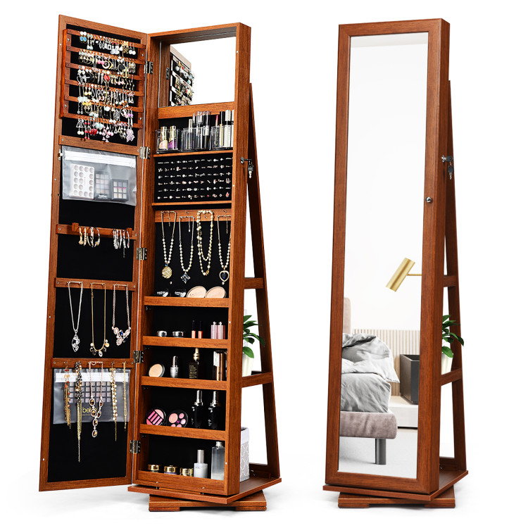 360° Rotatable 2-in-1 Lockable Jewelry Cabinet with Full-Length Mirror-BrownCostway Gallery View 7 of 8