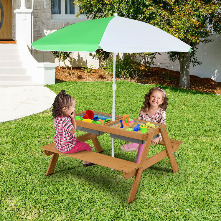 3-in-1 Kids Outdoor Picnic Water Sand Table with Umbrella Play BoxesCostway Gallery View 6 of 11