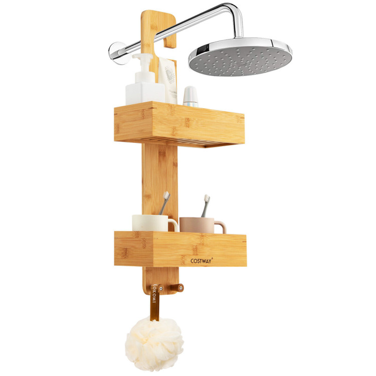 2-Tier Bamboo Hanging Shower Caddy Bathroom Shelf with 2 Hooks-NaturalCostway Gallery View 7 of 10