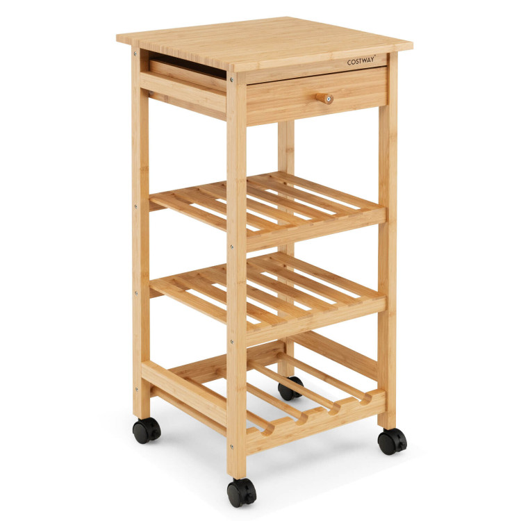 Bamboo Rolling Kitchen Trolley Cart with Drawer and Wine Rack-NaturalCostway Gallery View 1 of 10