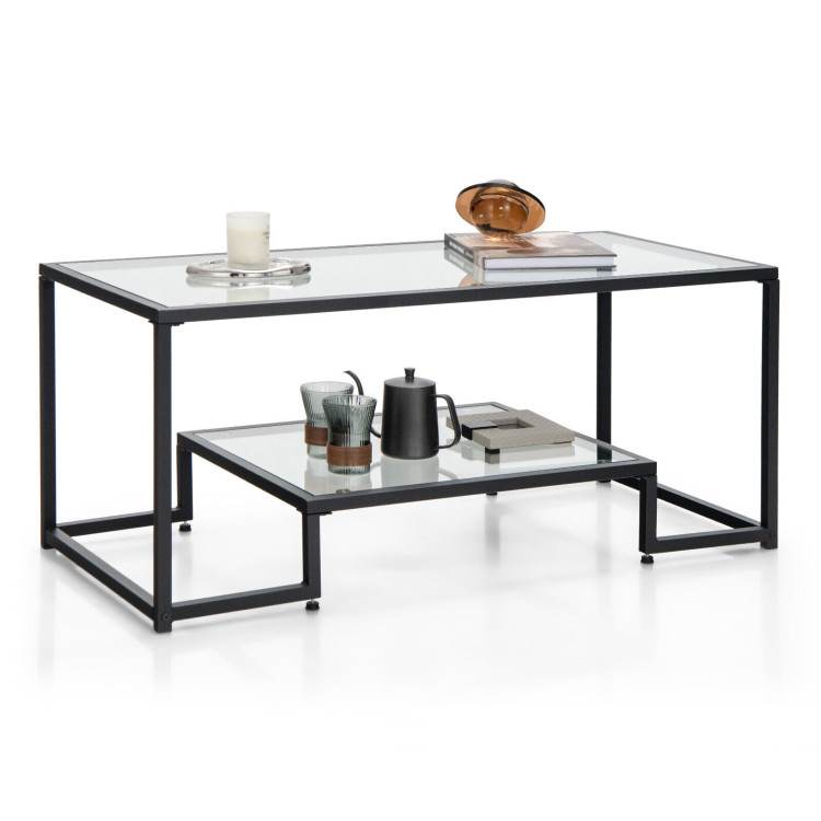 Modern Rectangular Coffee Table with Glass Table Top-BlackCostway Gallery View 7 of 10