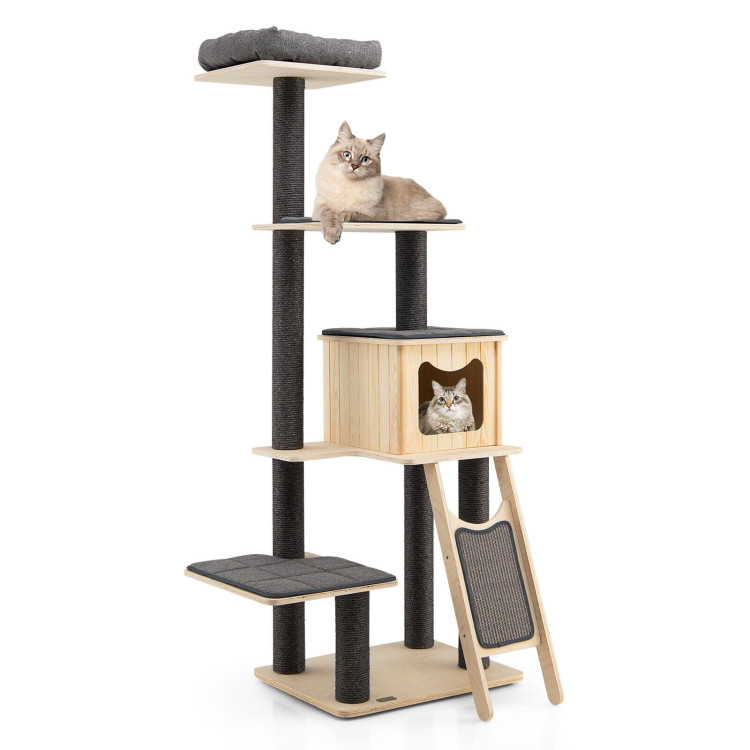 5-Tier Modern Wood Cat Tower with Washable Cushions-GrayCostway Gallery View 3 of 10