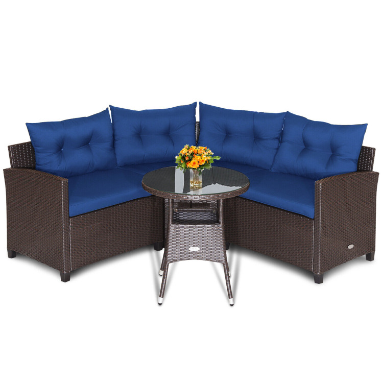 4 Pieces Patio Rattan Furniture Set Cushioned Sofa Glass Table-NavyCostway Gallery View 7 of 11