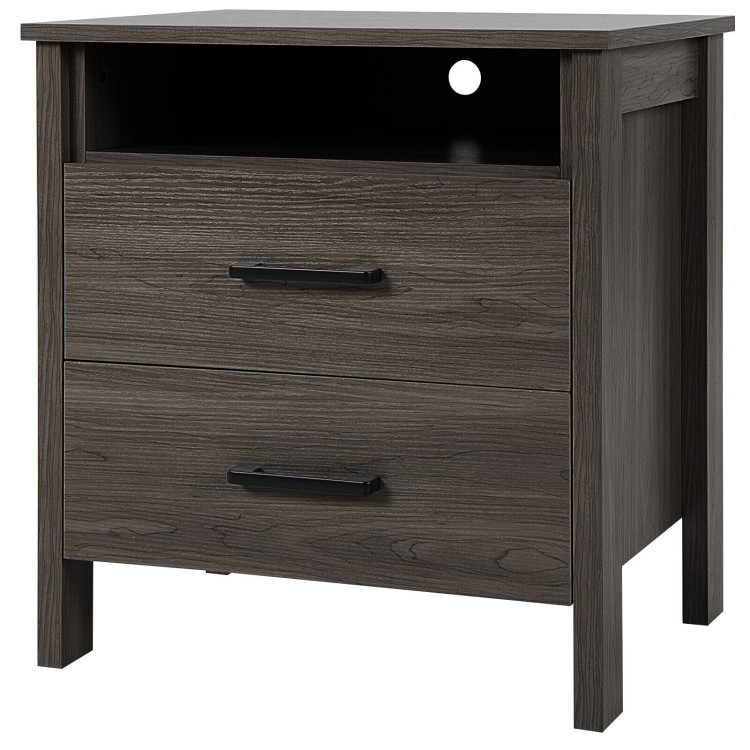 Modern Wood Grain Nightstand with Cable Hole and Open Compartment-WalnutCostway Gallery View 3 of 9