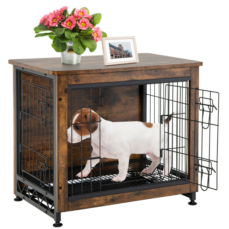 Wooden Dog Crate Furniture with Tray and Double Door-BrownCostway Gallery View 8 of 11