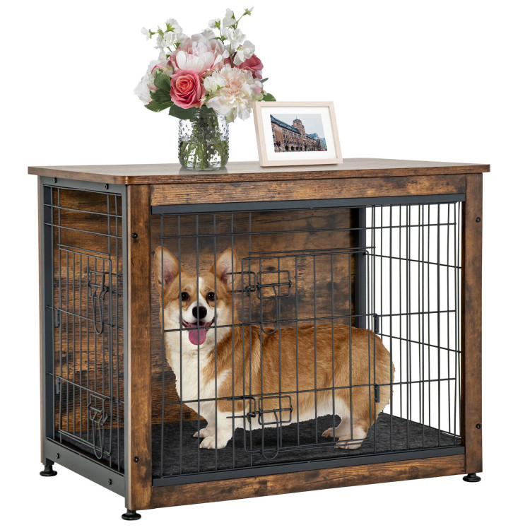 Wooden Dog Crate Furniture with Tray and Double Door-BrownCostway Gallery View 8 of 11