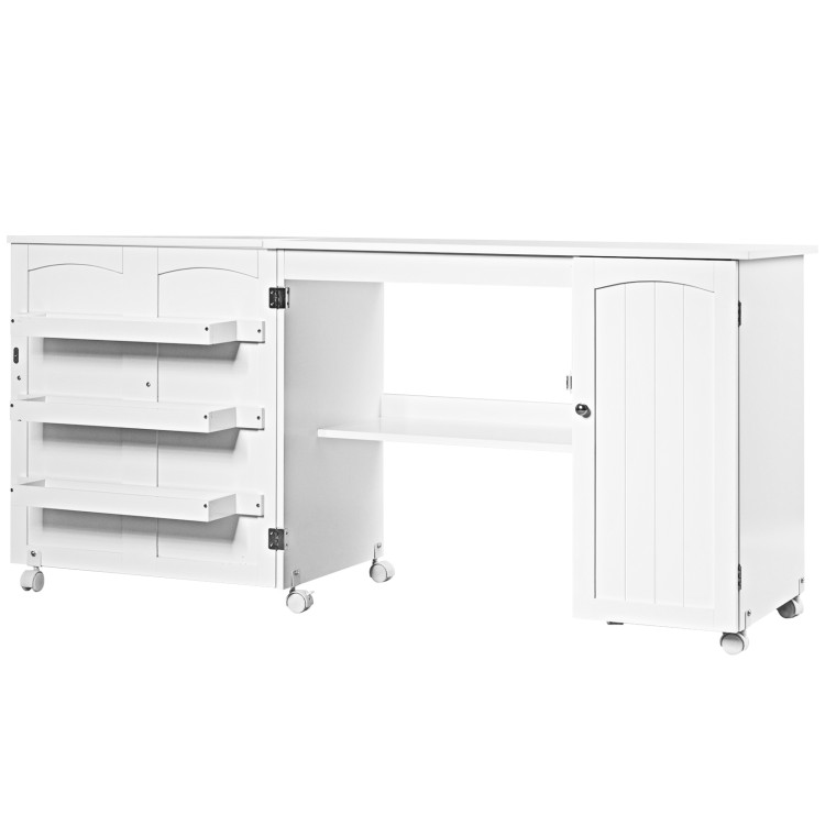 Folding Sewing Table Shelves Storage Cabinet Craft Cart with Wheels-WhiteCostway Gallery View 3 of 10