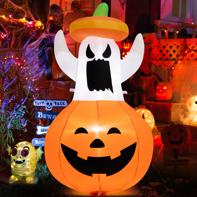 Inflatable Halloween Ghost Decoration with Hat and Pumpkin LanternCostway Gallery View 2 of 10