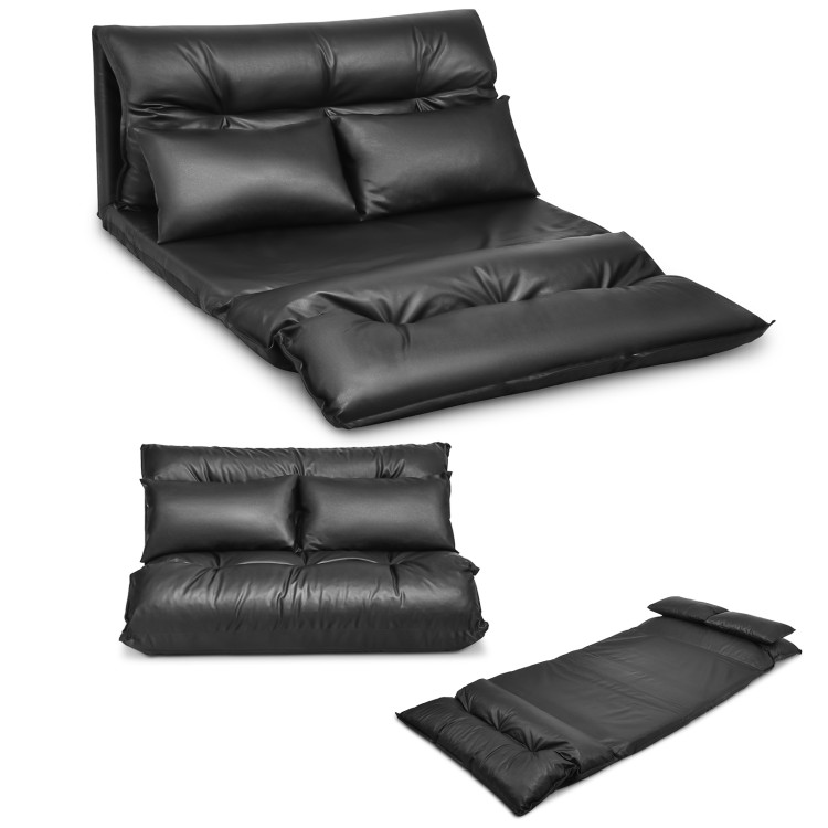 Foldable PU Leather Leisure Floor Sofa Bed with 2 Pillows-BlackCostway Gallery View 3 of 10