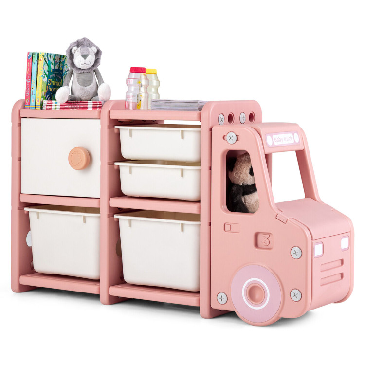 Toddler Truck Storage Organizer with Plastic Bins-PinkCostway Gallery View 3 of 11