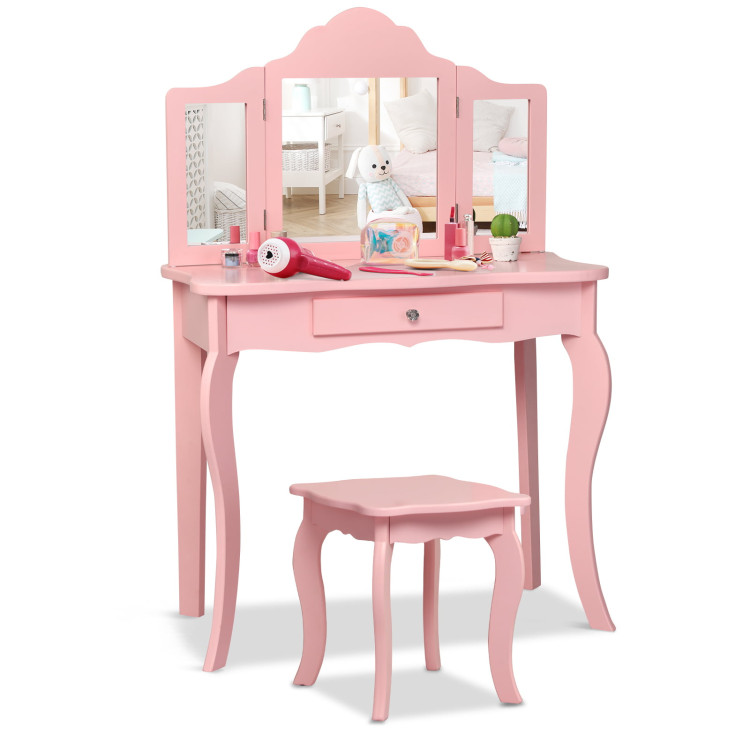 Kids Makeup Dressing Mirror Vanity Table Stool Set-PinkCostway Gallery View 1 of 10