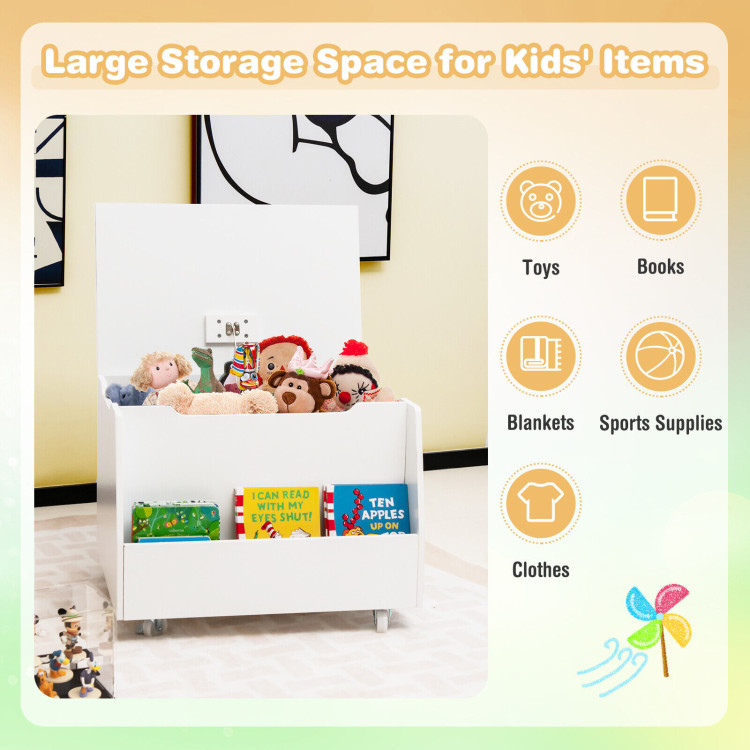 Wooden Mobile Toy Storage Organizer with Bookshelf and Lockable Wheels-WhiteCostway Gallery View 3 of 10