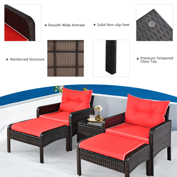 5 Pcs Patio Rattan Sofa Ottoman Furniture Set with Cushions-RedCostway Gallery View 5 of 14