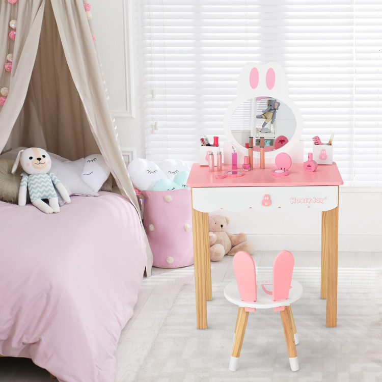 Kids Vanity Set Rabbit Makeup Dressing Table Chair Set with Mirror and Drawer-PinkCostway Gallery View 2 of 12