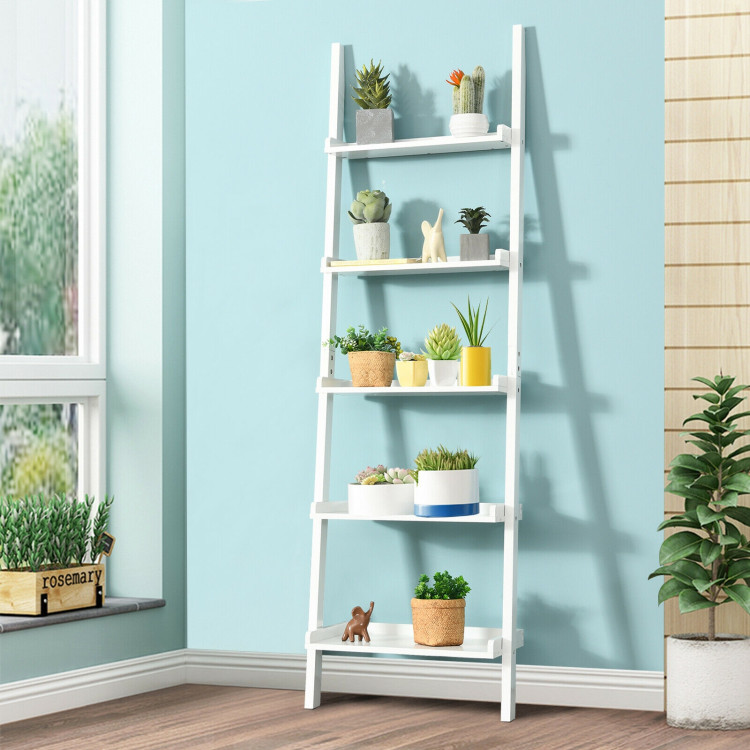  5-Tier Wall-leaning Ladder Shelf  Display Rack for Plants and Books-WhiteCostway Gallery View 7 of 12