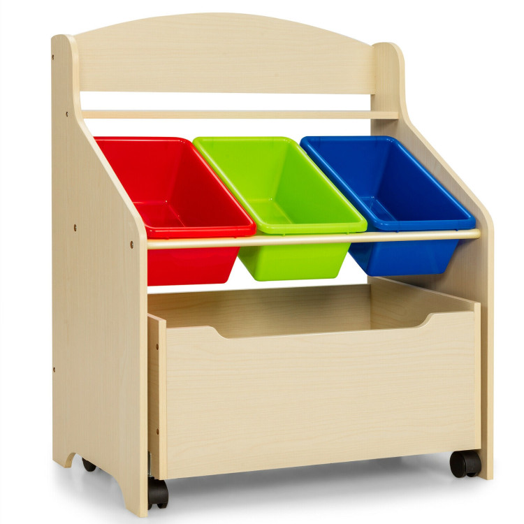 Kids Wooden Toy Storage Unit Organizer with Rolling Toy Box and Plastic Bins-NaturalCostway Gallery View 3 of 12