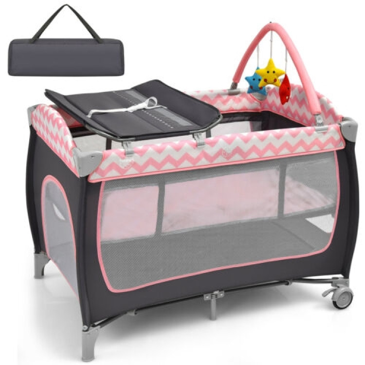3-in-1 Portable Baby Playard with Zippered Door and Toy Bar-PinkCostway Gallery View 4 of 13